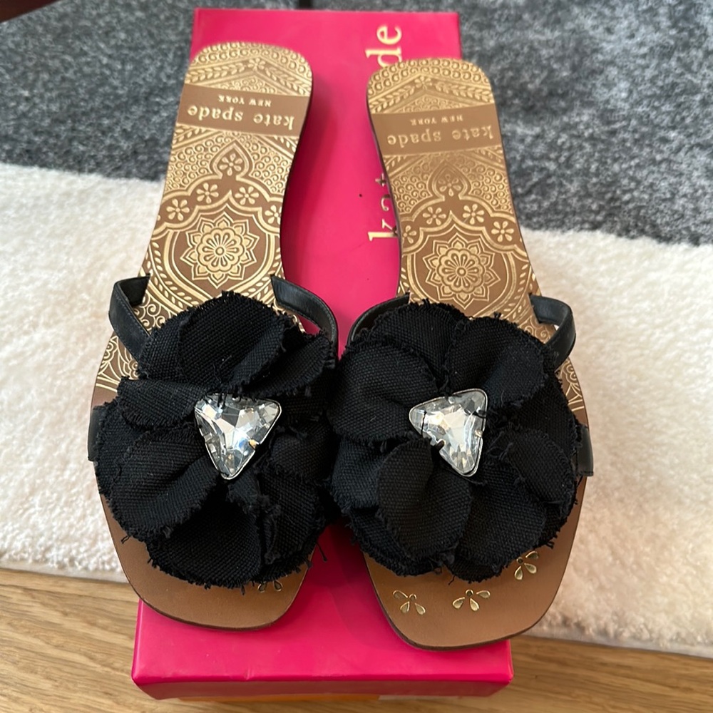 Kate Spade Black Linen Flower Rhinestone Sandals Size 7.5